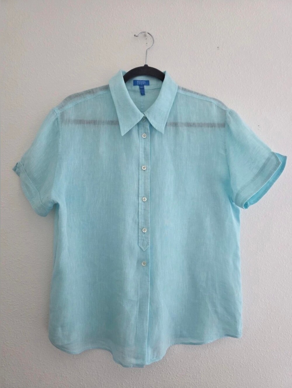 Escada Sport Turquoise Linen Short Sleeve Shirt Lightweight Sheer Blouse Sz 44/L